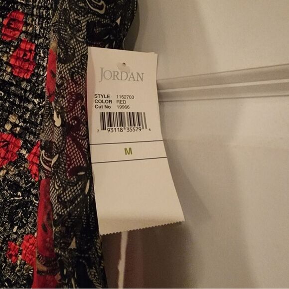 NWT Jordan black, white, and red floral button up blouse with sheer sleeves - Picture 6 of 7